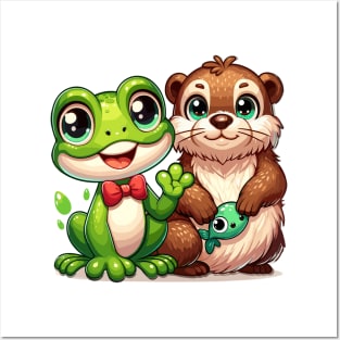 Friendly Frog & Otter Duo: Adorable Animal Friends Design Posters and Art